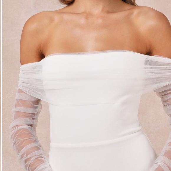 LULU's Beautifully Beloved White Mesh Off-the-Shoulder Bridal Gown NWOT - Picture 2 of 3